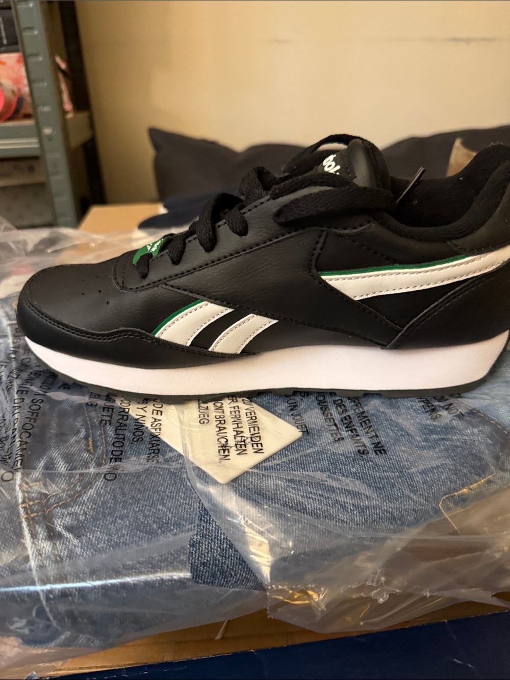Reebok Kids Black White Sneakers with Green Trim